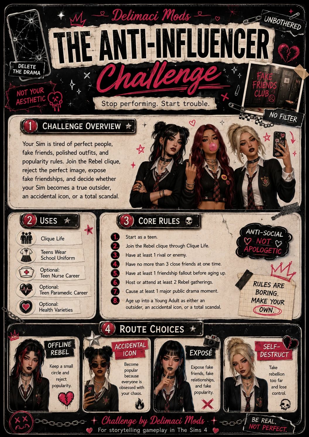 The Anti-Influencer Challenge infographic — Rebel clique, rules, and route choices (Offline Rebel, Accidental Icon, Exposé, Self-Destruct)