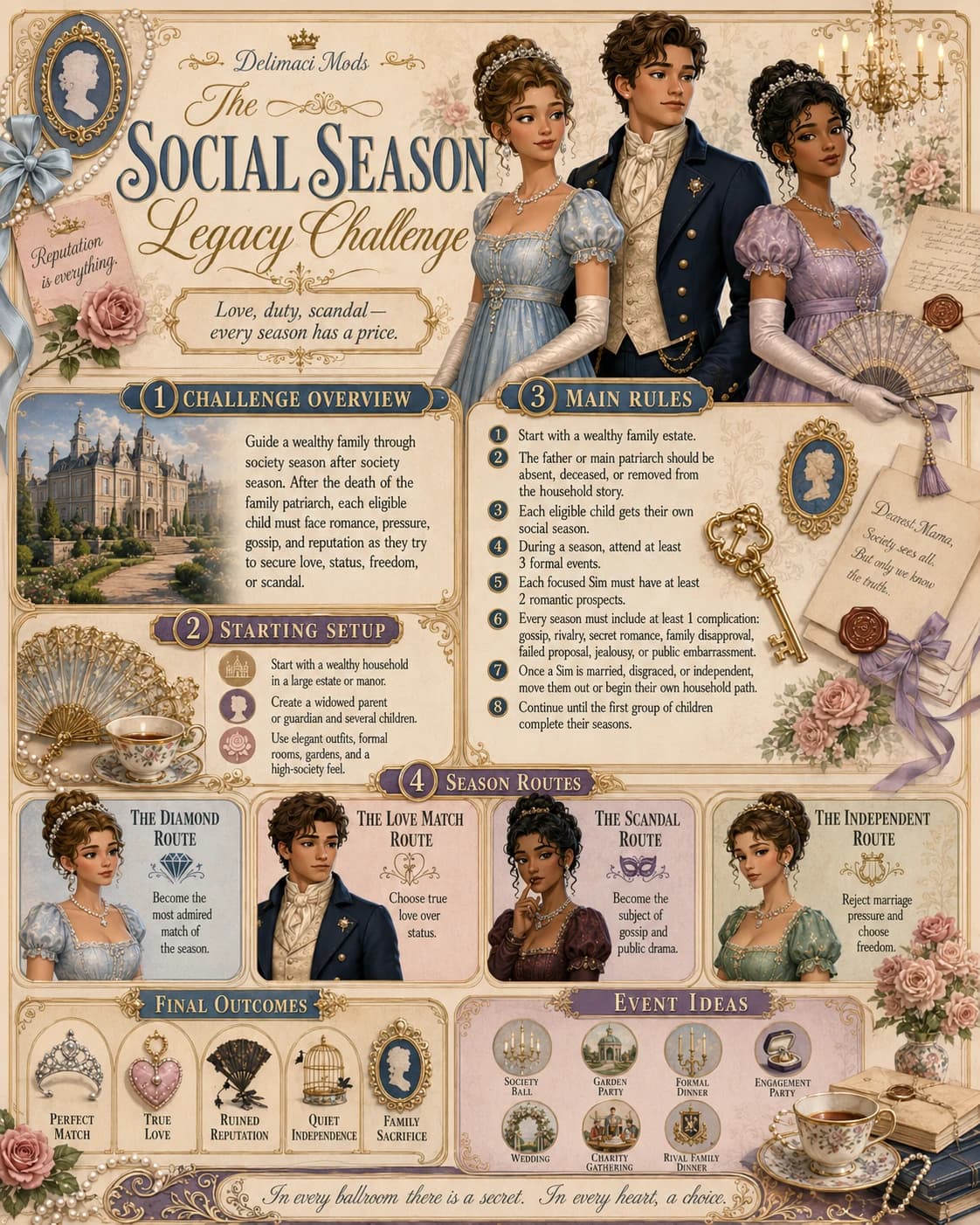 Bridgerton-Inspired Sims 4 Challenge infographic with overview, setup, season rules, route choices, and outcomes