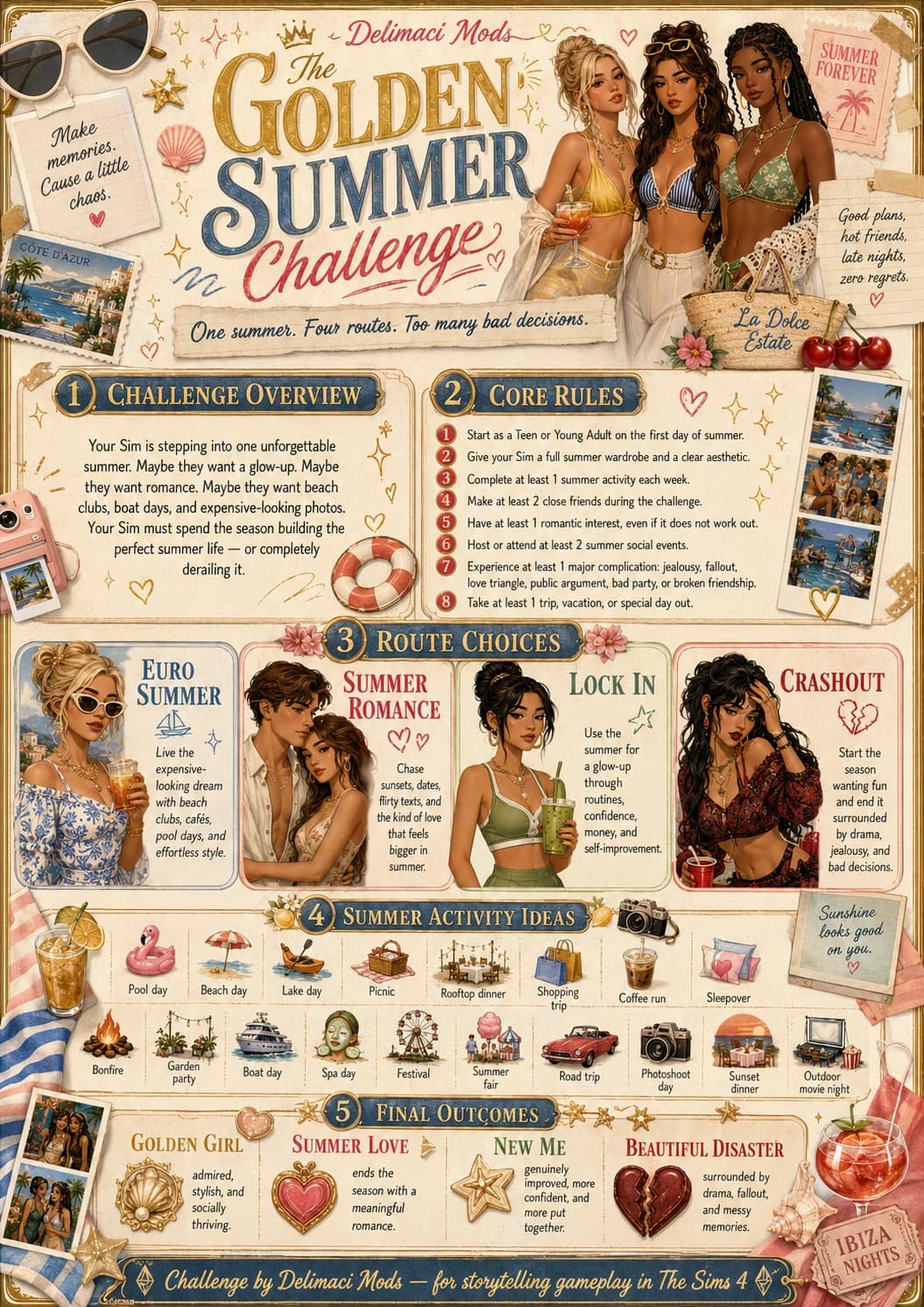Golden Summer Sims 4 challenge infographic with core rules, route choices, summer activity ideas, and final outcomes