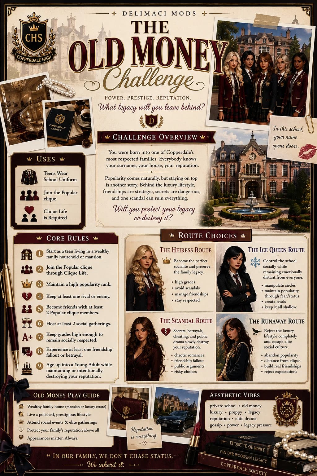 The Old Money Challenge infographic — Copperdale High, core rules, route choices, and play guide by Delimaci Mods